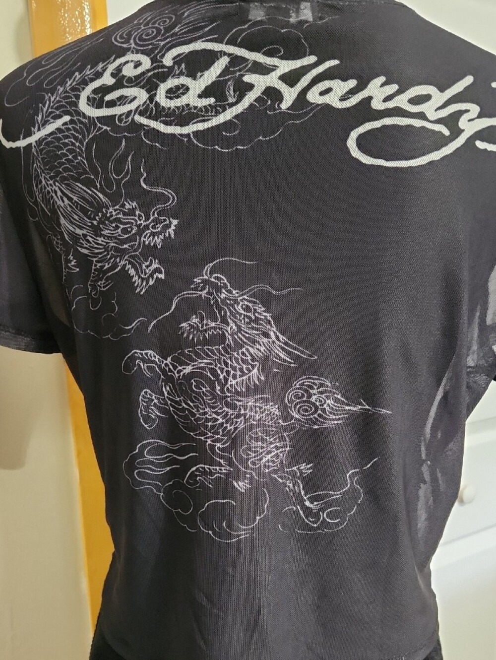Ed Hardy Black Mesh Short-Sleeve Dragon Crop Top - Picture 3 of 5